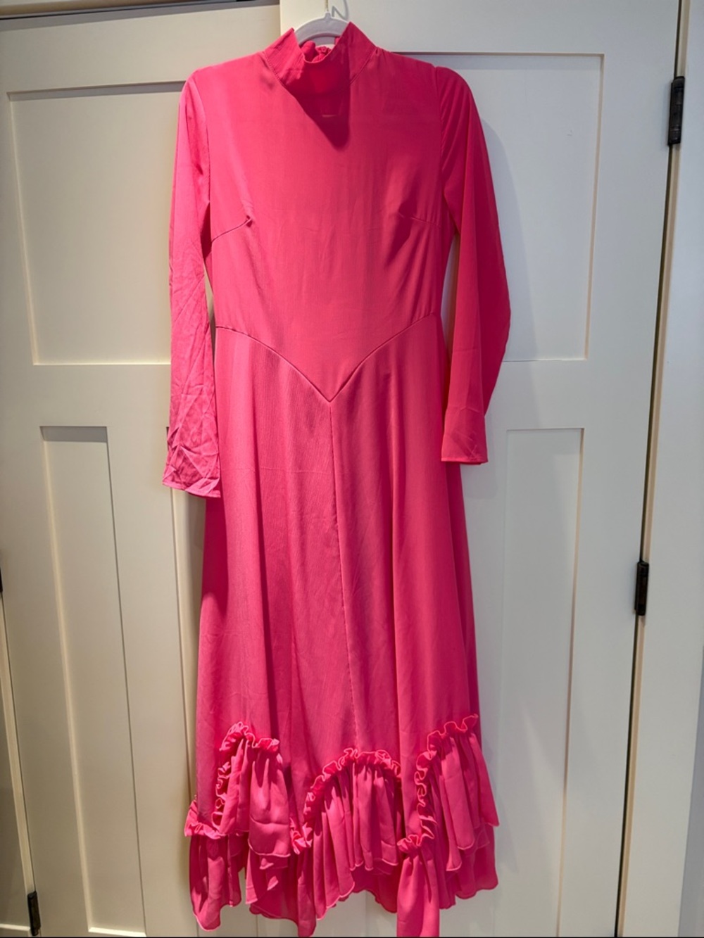 Women's Hot Pink Long Sleeve Midaxi Dress with Ruffle Hem